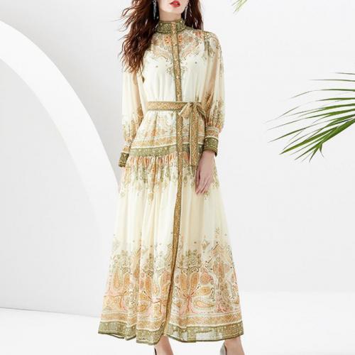 Chiffon & Polyester Waist-controlled One-piece Dress & breathable printed camel PC