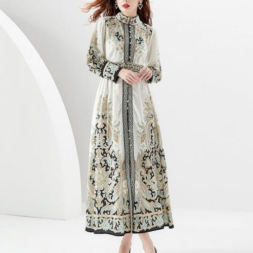 Chiffon & Polyester Waist-controlled One-piece Dress & breathable printed white PC