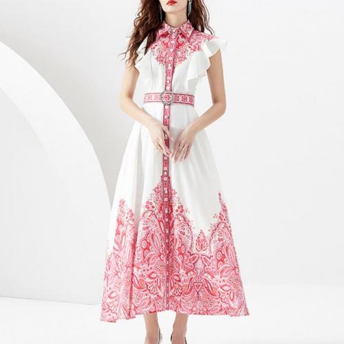 Chiffon & Polyester Waist-controlled One-piece Dress & breathable printed white PC
