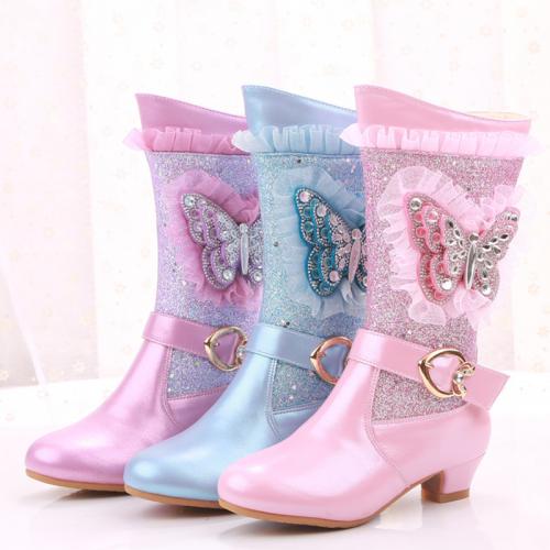 Beef Tendon & Microfiber PU Synthetic Leather & Plush side zipper & chunky Children Boots & with rhinestone butterfly pattern Pair