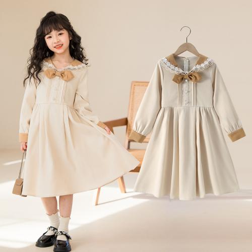 Polyester Slim Girl One-piece Dress Cute Apricot PC