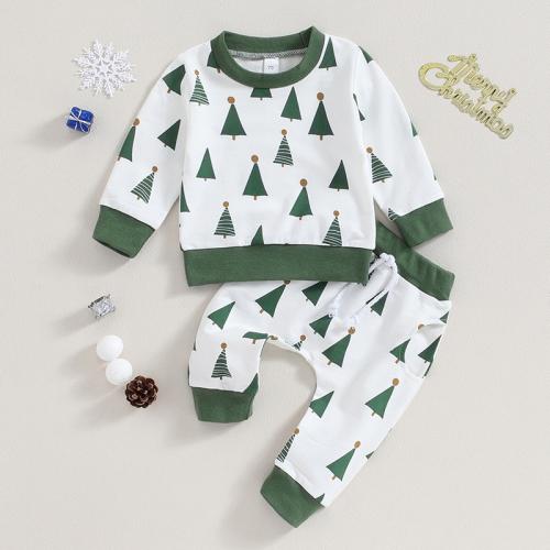 Polyester Baby Clothes Cute & two piece Pants & top printed leaf pattern green Set