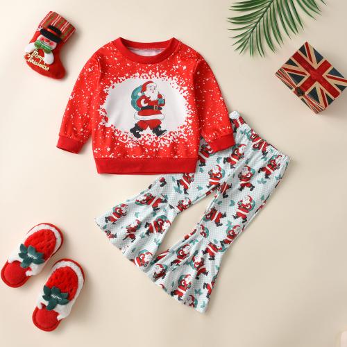 Polyester Children Christmas Costume Cute & two piece Pants & top printed red Set