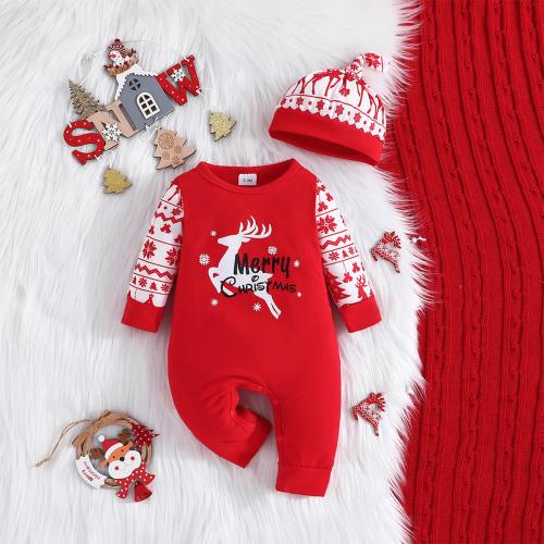 Polyester Children Christmas Costume Cute & christmas design Hat printed Cartoon red Set
