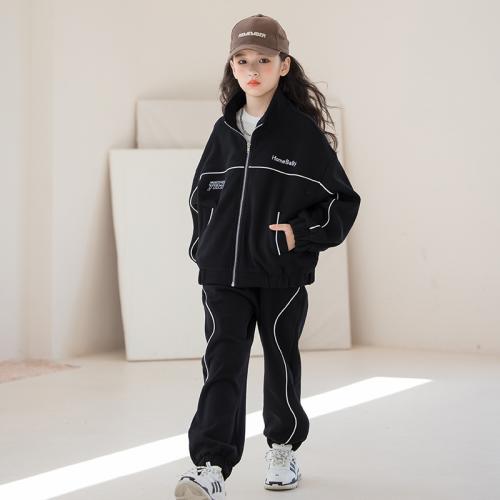 Polyester Girl Clothes Set & two piece & loose Pants & top black Set
