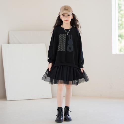 Polyester Meisje Eendelige jurk Afgedrukt Zwarte stuk
