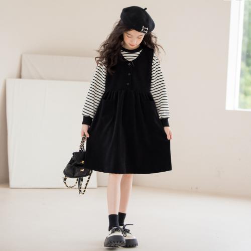 Polyester Girl One-piece Dress & two piece & loose suspender skirt & top striped black Set