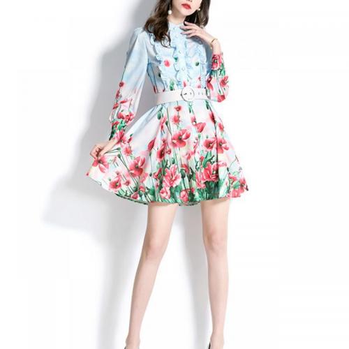 Polyester One-piece Dress & with belt & breathable printed sky blue PC