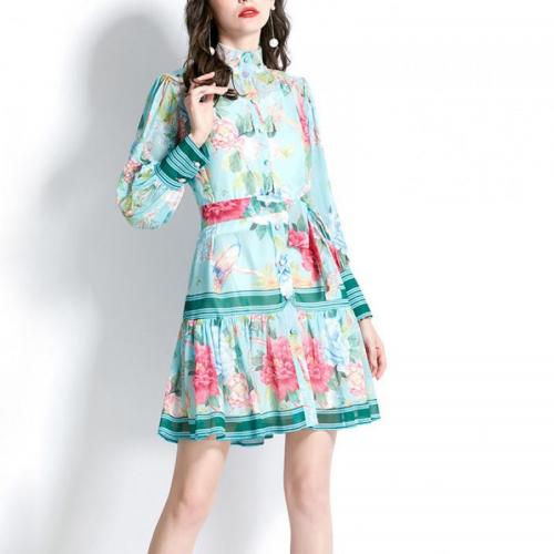 Polyester One-piece Dress & with belt & breathable printed PC