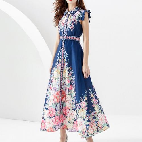 Polyester Waist-controlled One-piece Dress & breathable printed deep blue PC