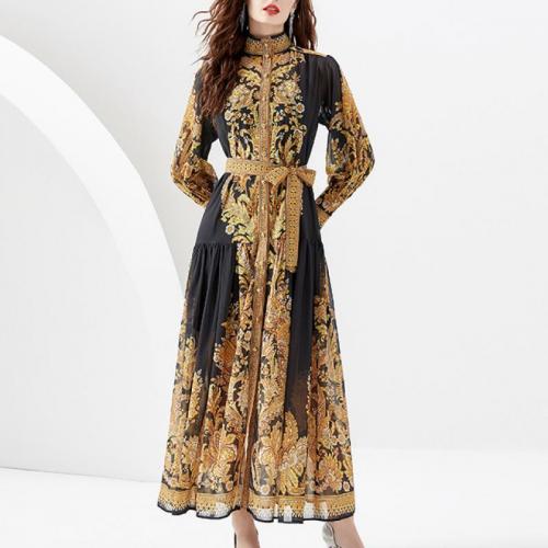 Polyester Waist-controlled One-piece Dress & breathable printed black PC