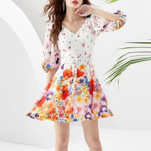 Polyester Waist-controlled One-piece Dress deep V & breathable printed white PC