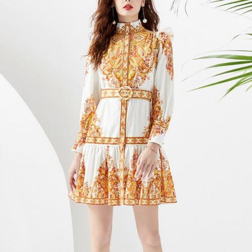 Polyester Waist-controlled One-piece Dress & breathable printed gold PC