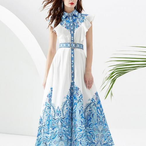 Polyester Waist-controlled One-piece Dress & breathable printed white PC