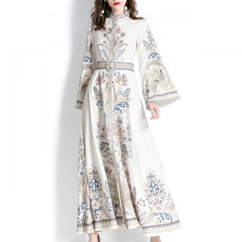 Polyester One-piece Dress & with belt & breathable printed white PC