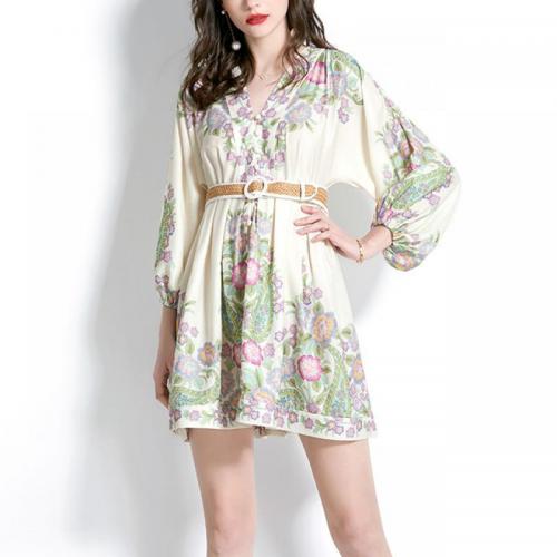 Polyester One-piece Dress deep V & with belt & breathable printed Apricot PC
