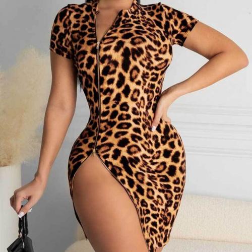 Polyester One-piece Dress side slit printed leopard coffee PC