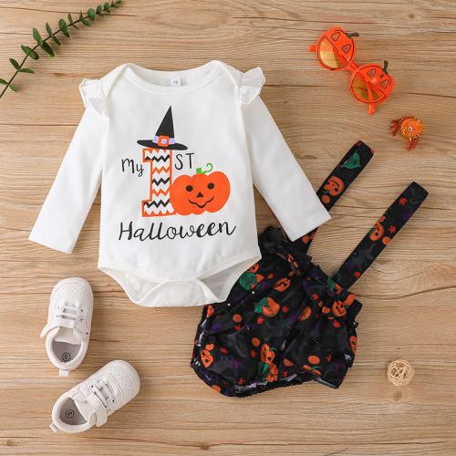 Polyester Baby Clothes Set Halloween Design & Cute & unisex suspender pant & teddy printed white and black Set
