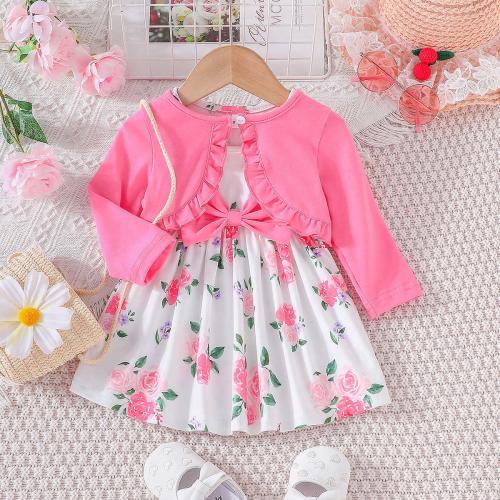 Polyester Girl One-piece Dress & two piece dress & coat printed floral Set