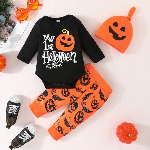 Polyester Children Halloween Cosplay Costume Pants & teddy printed Pumpkin Pattern orange Set