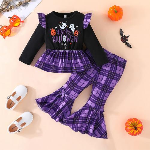 Polyester Children Halloween Cosplay Costume Halloween Design Pants & top printed letter purple Set