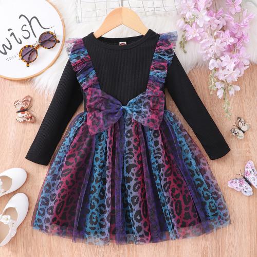 Polyester A-line Girl One-piece Dress patchwork black PC