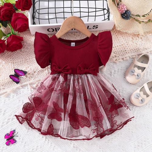 Polyester Princess & Ball Gown Girl One-piece Dress patchwork butterfly pattern wine red PC