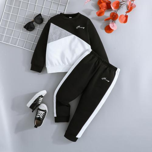 Polyester Boy Clothing Set & two piece Sweatshirt & Pants printed letter white and black Set