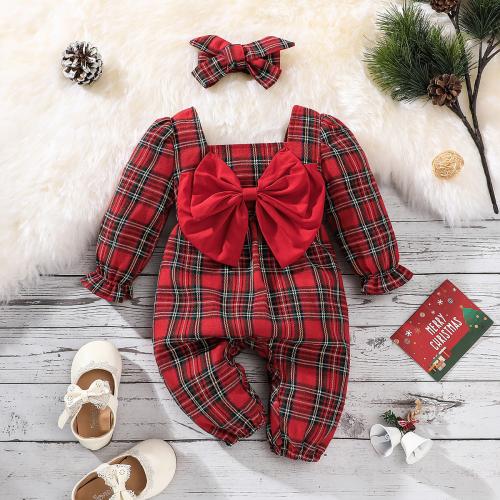 Polyester Baby Jumpsuit with bowknot printed plaid red PC