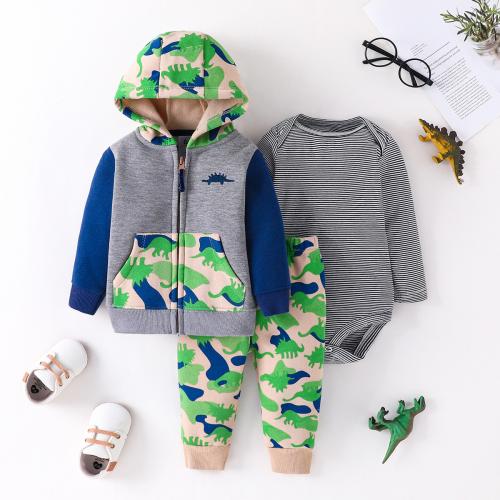 Cotton Baby Clothes Set for boy Pants & teddy & coat printed Dinosaur mixed colors Set
