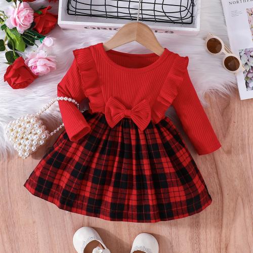 Polyester Girl One-piece Dress Cute plaid red PC