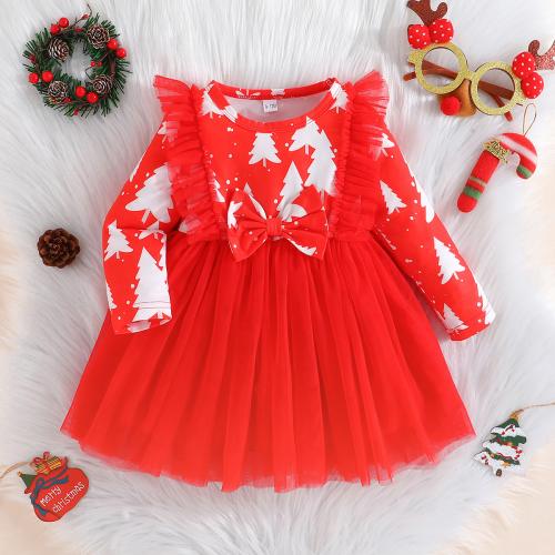 Polyester Mädchen einteiliges Kleid, Gedruckt, Blattmuster, Rot,  Stück
