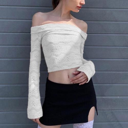 Lace & Polyester Boat Neck Top midriff-baring patchwork Solid white PC