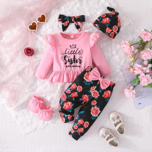 Polyester Baby Clothes Set sock & Necktie & Hat & Pants & top printed floral pink Set