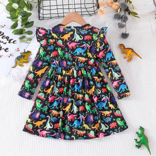 Polyester A-line Girl One-piece Dress printed Dinosaur multi-colored PC