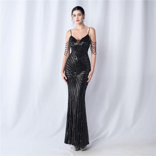 Sequin & Polyester Slim Long Evening Dress & off shoulder embroidered PC