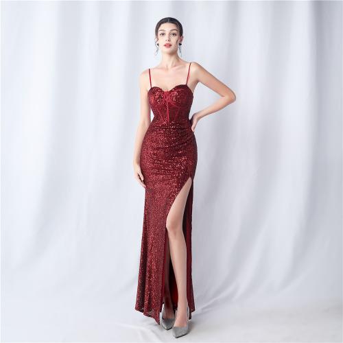 Sequin & Polyester Slim Long Evening Dress side slit & off shoulder PC