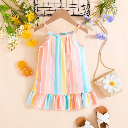 Polyester Girl One-piece Dress printed striped multi-colored PC