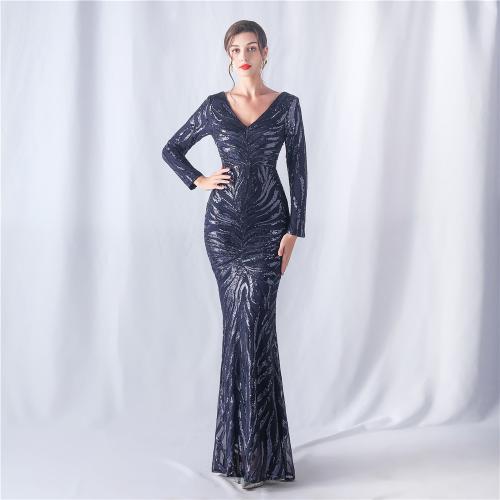 Sequin & Spandex & Polyester Slim Long Evening Dress deep V PC