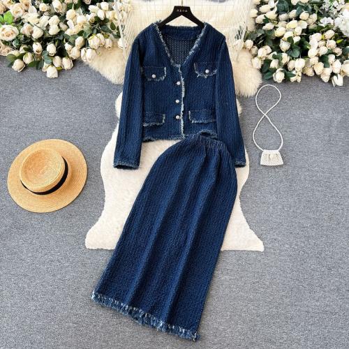 Denim Waist-controlled Two-Piece Dress Set & two piece & loose Solid blue Set