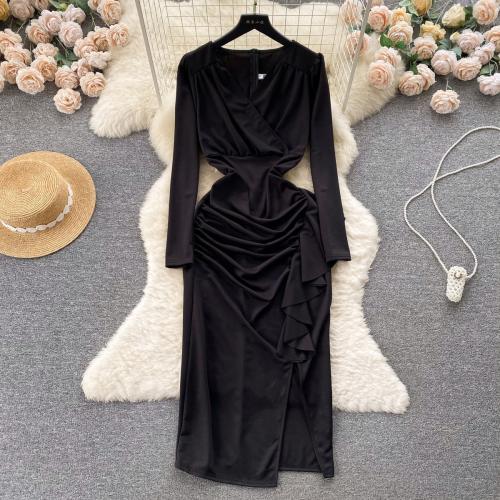 Polyester Waist-controlled & Slim Sexy Package Hip Dresses side slit Solid PC