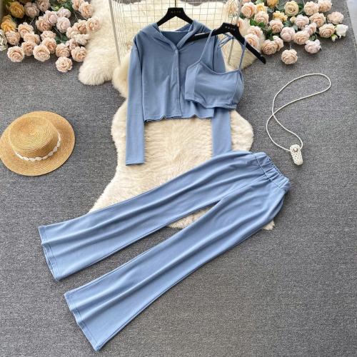 Polyester Wide Leg Trousers & With Siamese Cap Women Casual Set three piece Solid : Set