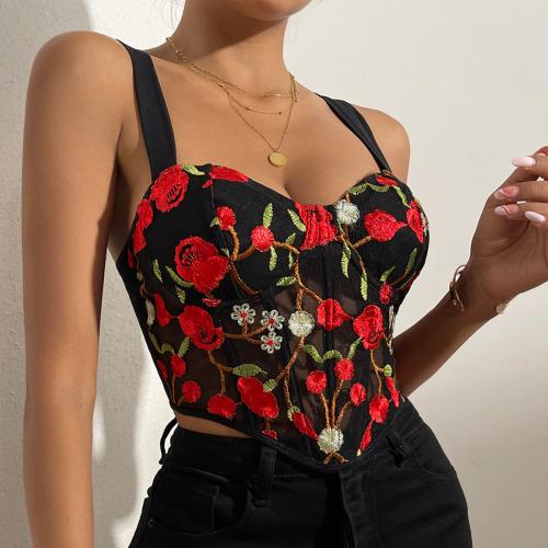 Polyester Push Up Camisole see through look & backless iron-on floral black PC