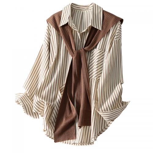 Polyester Women Long Sleeve Shirt & two piece & breathable striped PC