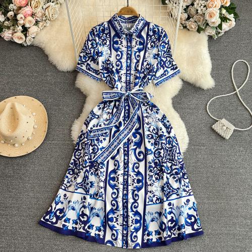 Spandex Waist-controlled One-piece Dress & breathable printed blue PC