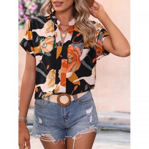 Polyester Women Short Sleeve Shirt printed floral PC