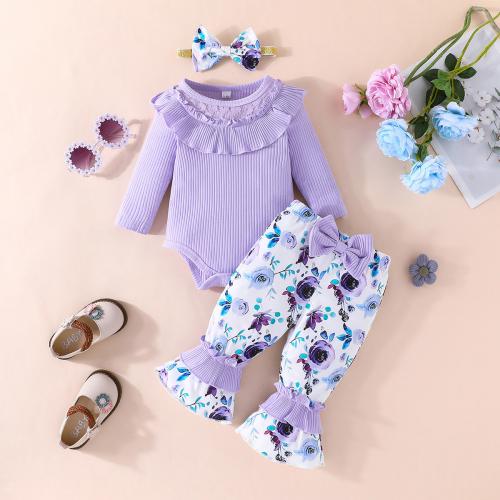 Polyester Baby Clothes Set with bowknot Pants & top printed floral purple Set