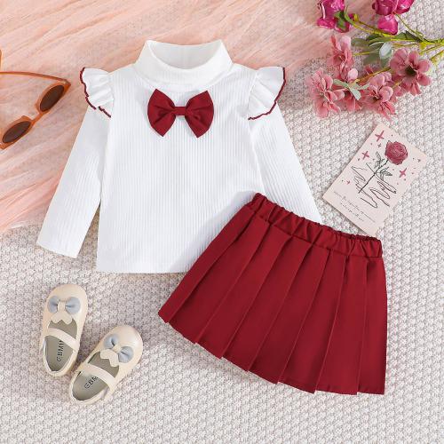 Polyester Baby Clothes Set Pants & top patchwork bowknot pattern wine red Set