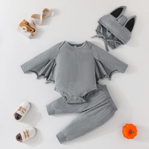 Cotton Baby Clothes Set Halloween Design Hat & Pants & top patchwork bat light gray Set