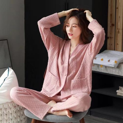 Knitted Cotton Straight Women Pajama Set & two piece & thermal Solid blue Set